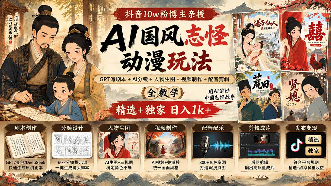 (20538期)抖音10w粉博主亲授AI国风志怪动漫玩法|GPT写剧本+AI分镜+人物生图+视频制作+配音剪辑全教学|精选+独家日入1k+ (20538期)抖音10w粉博主亲授AI国风志怪动漫玩法|GPT写剧本+AI分镜+人物生图+视频制作+配音剪辑全教学|精选+独家日入1k+