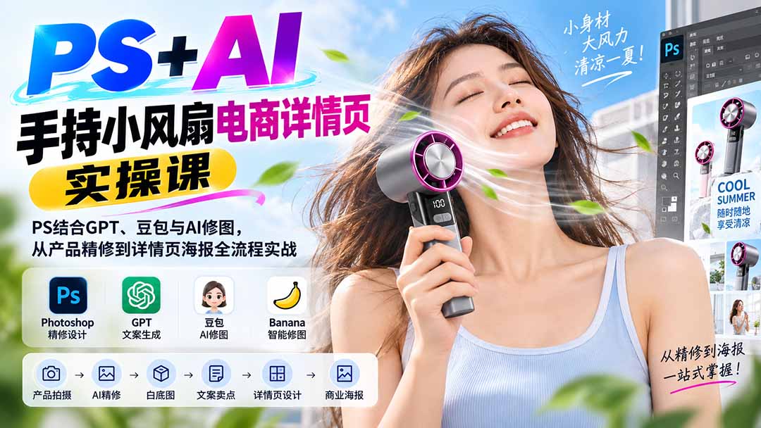(20273期)PS+AI手持小风扇电商详情页实操课:PS结合GPT、豆包与AI修图,从产品精修到详情页海报全流程实战 (20273期)PS+AI手持小风扇电商详情页实操课:PS结合GPT、豆包与AI修图,从产品精修到详情页海报全流程实战