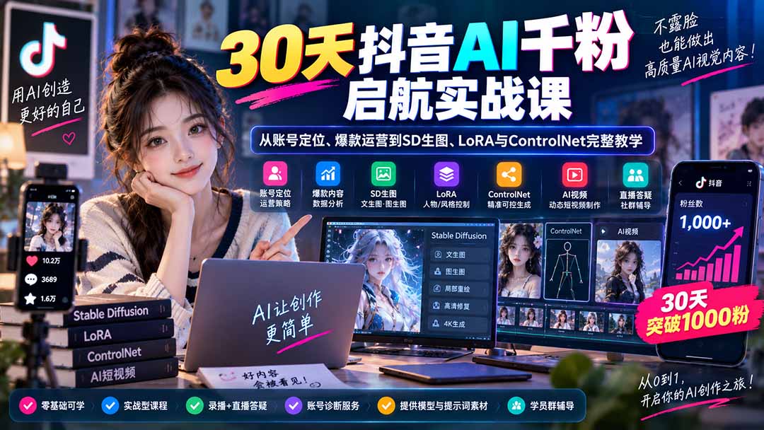 (20291期)30天抖音AI千粉启航实战课:从账号定位、爆款运营到SD生图、LoRA与ControlNet完整教学 (20291期)30天抖音AI千粉启航实战课:从账号定位、爆款运营到SD生图、LoRA与ControlNet完整教学