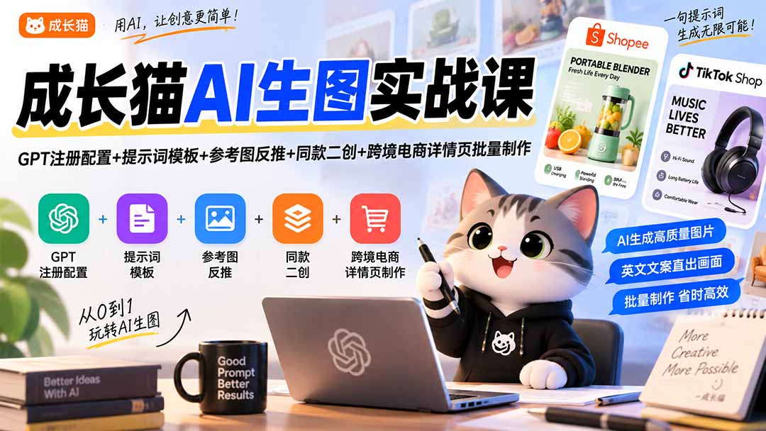 (20482期)成长猫AI生图实战课|GPT注册配置+提示词模板+参考图反推+同款二创+跨境电商详情页批量制作 (20482期)成长猫AI生图实战课|GPT注册配置+提示词模板+参考图反推+同款二创+跨境电商详情页批量制作