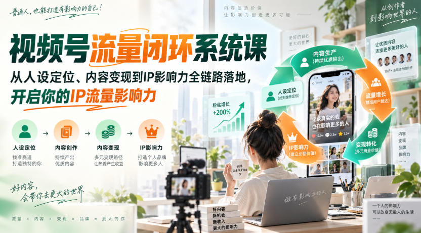 视频号流量闭环系统课，从人设定位、内容变现到IP影响力全链路落地，开启你的IP流量影响力