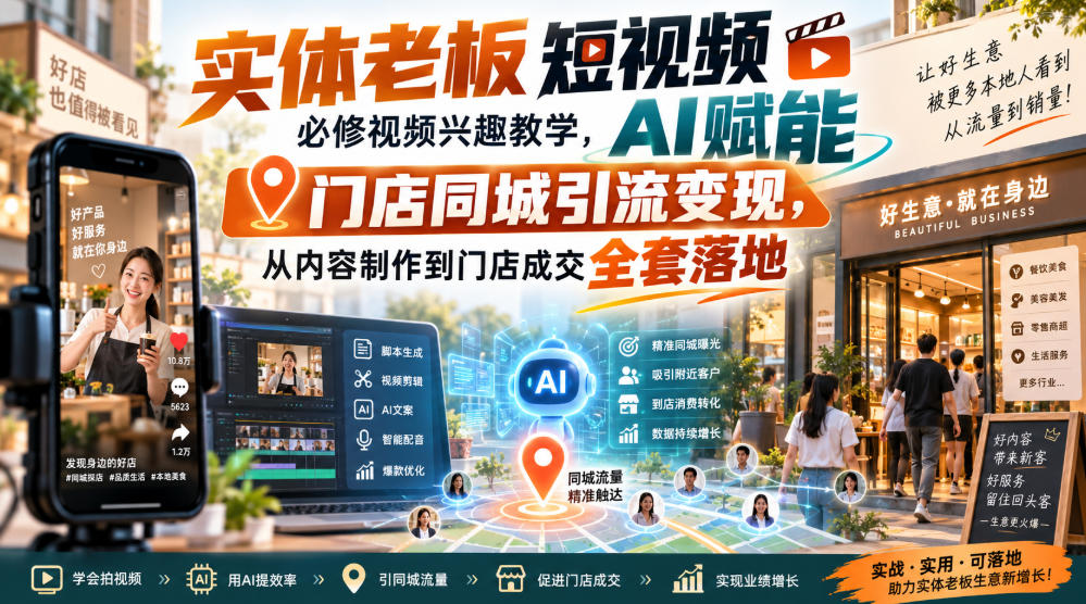 实体老板短视频必修视频兴趣教学,AI赋能门店同城引流变现,AI+短视频+直播打爆实体客流量 实体老板短视频必修视频兴趣教学,AI赋能门店同城引流变现,AI+短视频+直播打爆实体客流量