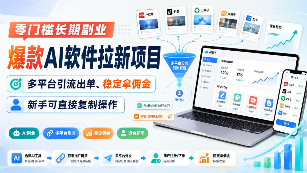 零门槛长期副业,爆款AI软件拉新项目,多平台引流出单、稳定拿佣金,新手可直接复制操作 零门槛长期副业,爆款AI软件拉新项目,多平台引流出单、稳定拿佣金,新手可直接复制操作