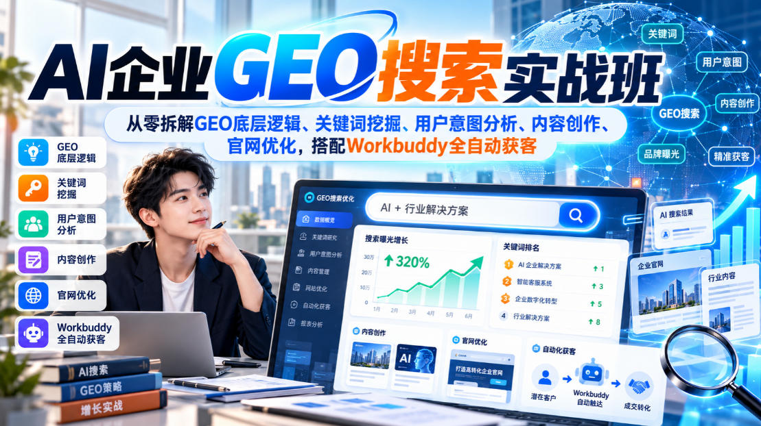 AI企业GEO搜索实战班,从零拆解GEO底层逻辑、关键词挖掘、用户意图分析、内容创作、官网优化,搭配Workbuddy全自动获客 AI企业GEO搜索实战班,从零拆解GEO底层逻辑、关键词挖掘、用户意图分析、内容创作、官网优化,搭配Workbuddy全自动获客
