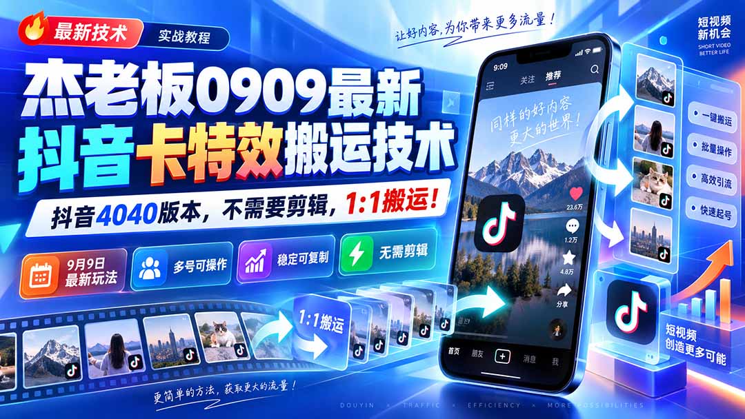 (20369期)杰老板0909最新抖音卡特效搬运技术,抖音4040版本,不需要剪辑,1:1搬运! (20369期)杰老板0909最新抖音卡特效搬运技术,抖音4040版本,不需要剪辑,1:1搬运!
