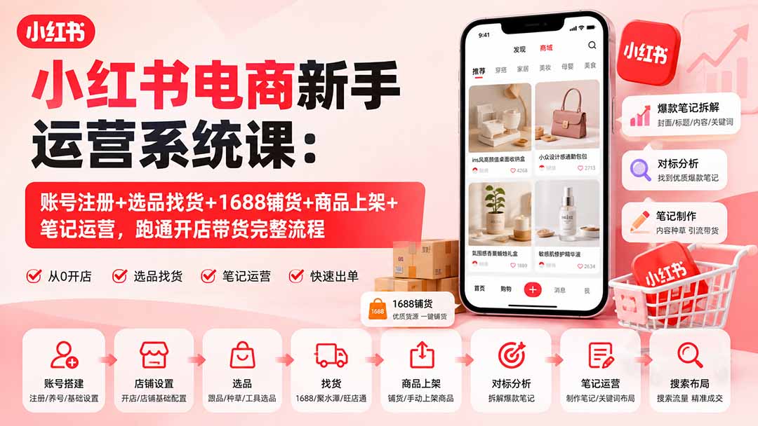 (20319期)小红书电商新手运营系统课:账号注册+选品找货+1688铺货+商品上架+笔记运营,跑通开店带货完整流程 (20319期)小红书电商新手运营系统课:账号注册+选品找货+1688铺货+商品上架+笔记运营,跑通开店带货完整流程