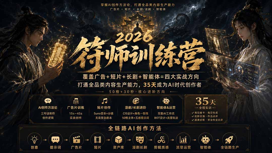 (20180期)符师训练营-35天成为AI时代创作者,广告+短片+漫剧+智能体四大实战方向,掌握从创意到上线的完整工作流 (20180期)符师训练营-35天成为AI时代创作者,广告+短片+漫剧+智能体四大实战方向,掌握从创意到上线的完整工作流