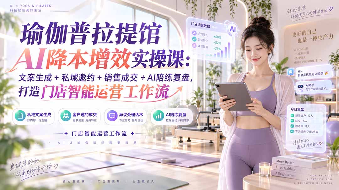 （20340期）瑜伽普拉提馆AI降本增效实操课：文案生成+私域邀约+销售成交+AI陪练复盘，打造门店智能运营工作流