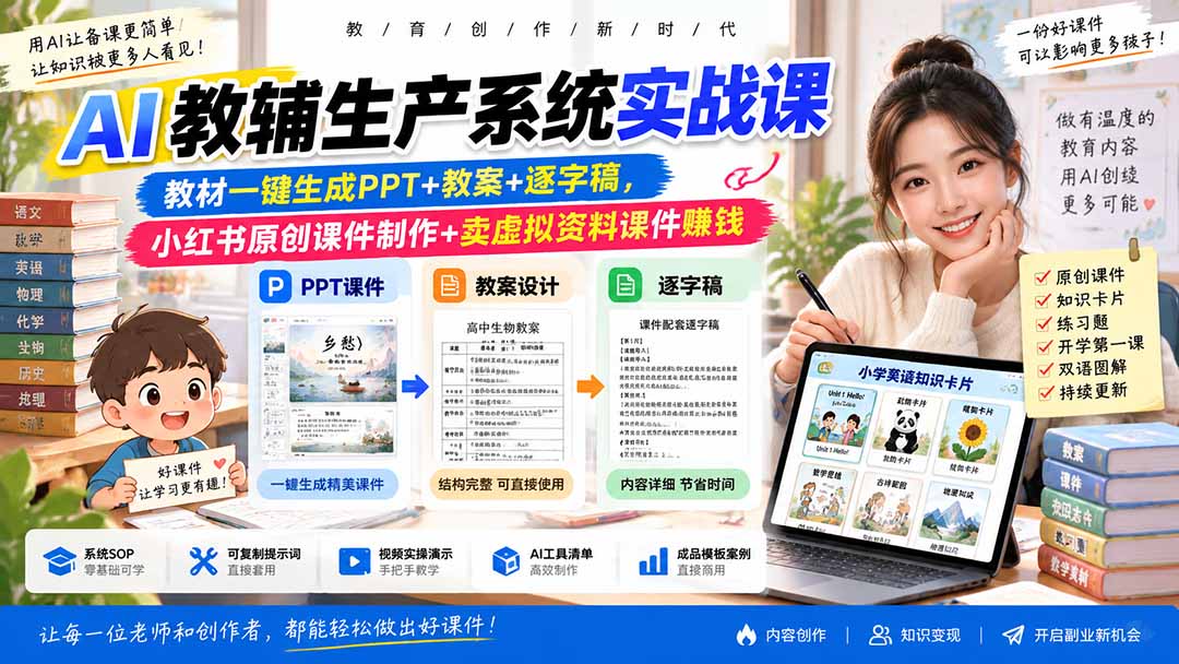 (20542期)AI教辅生产系统实战课|教材一键生成PPT+教案+逐字稿,小红书原创课件制作+卖虚拟资料课件赚钱 (20542期)AI教辅生产系统实战课|教材一键生成PPT+教案+逐字稿,小红书原创课件制作+卖虚拟资料课件赚钱