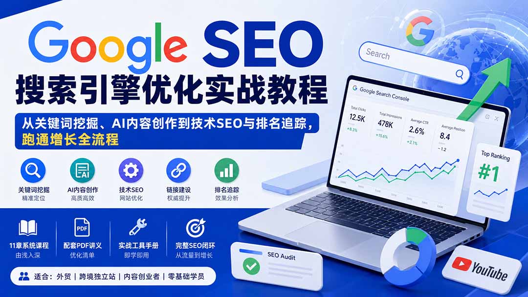 (20241期)Google SEO搜索引擎优化实战教程:从关键词挖掘、AI内容创作到技术SEO与排名追踪,跑通增长全流程 (20241期)Google SEO搜索引擎优化实战教程:从关键词挖掘、AI内容创作到技术SEO与排名追踪,跑通增长全流程