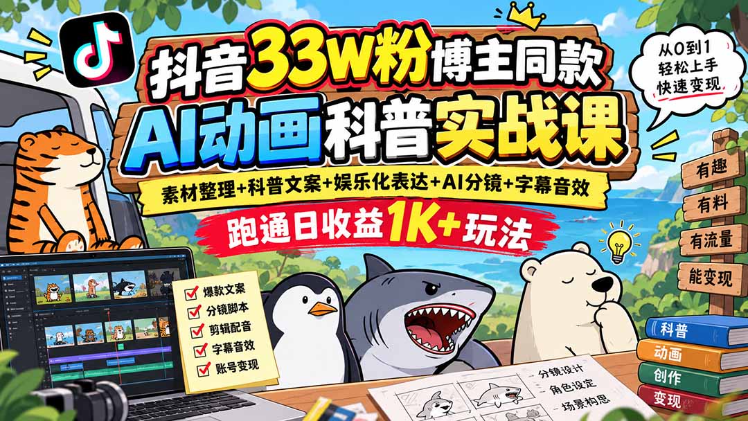 (20510期)抖音33W粉博主同款AI动画科普实战课|素材整理+科普文案+娱乐化表达+AI分镜+字幕音效,跑通日收益1K+玩法 (20510期)抖音33W粉博主同款AI动画科普实战课|素材整理+科普文案+娱乐化表达+AI分镜+字幕音效,跑通日收益1K+玩法