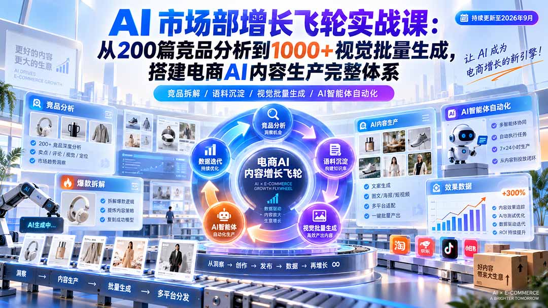 (20436期)AI 市场部增长飞轮实战课:从200篇竞品分析到1000+视觉批量生成,搭建电商AI内容生产完整体系 (20436期)AI 市场部增长飞轮实战课:从200篇竞品分析到1000+视觉批量生成,搭建电商AI内容生产完整体系