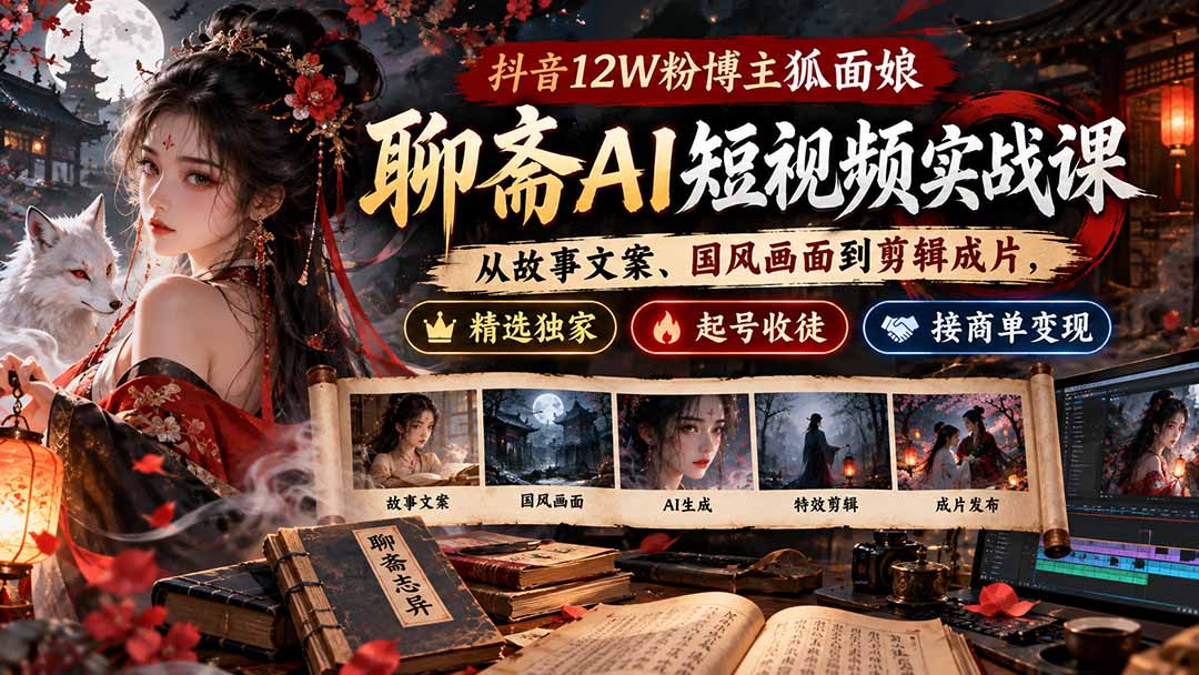 (20639期)抖音12W粉博主狐面娘-聊斋AI短视频实战课:从故事文案、国风画面到剪辑成片,精选独家+起号收徒+接商单变现 (20639期)抖音12W粉博主狐面娘-聊斋AI短视频实战课:从故事文案、国风画面到剪辑成片,精选独家+起号收徒+接商单变现