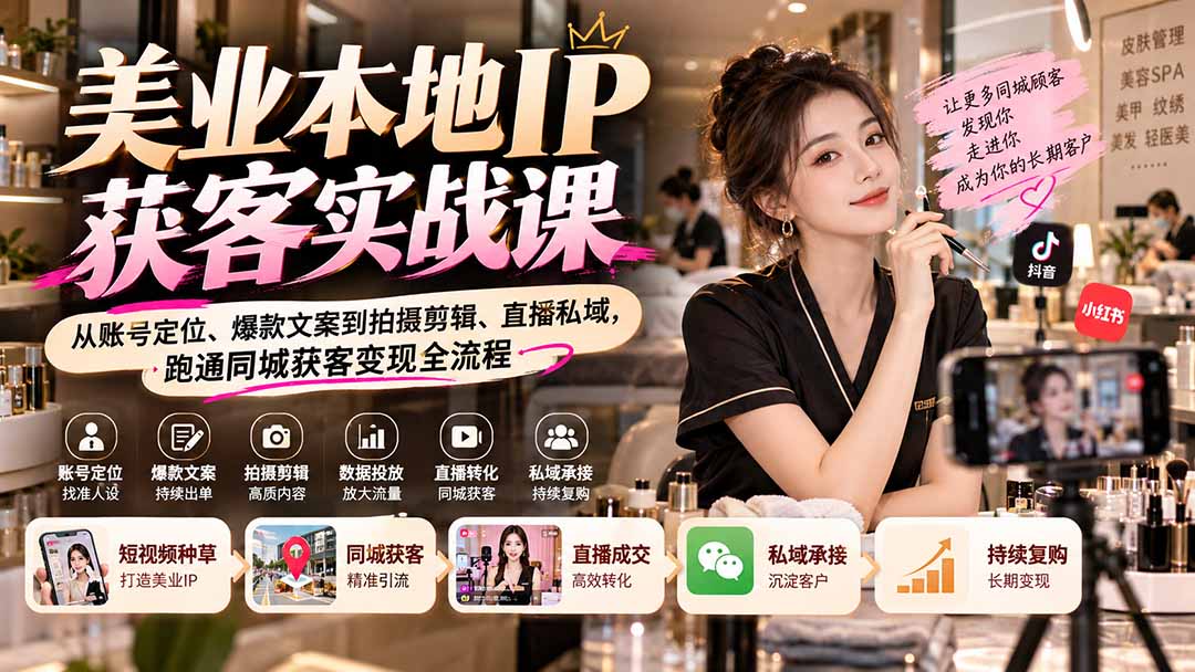 (20640期)【无水印】美业本地IP获客实战课:从账号定位、爆款文案到拍摄剪辑、直播私域,跑通同城获客变现全流程 (20640期)【无水印】美业本地IP获客实战课:从账号定位、爆款文案到拍摄剪辑、直播私域,跑通同城获客变现全流程