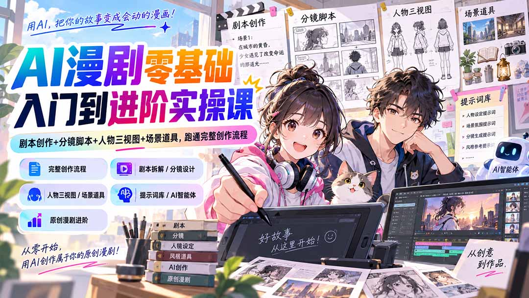 （20352期）AI漫剧零基础入门到进阶实操课：剧本创作+分镜脚本+人物三视图+场景道具，跑通完整创作流程