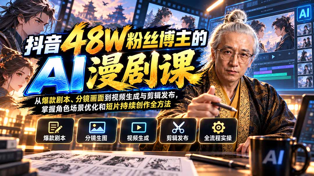 (20353期)抖音48W粉丝博主的AI漫剧课:从爆款剧本、分镜画面到视频生成与剪辑发布,掌握角色场景优化和短片持续创作全方法 (20353期)抖音48W粉丝博主的AI漫剧课:从爆款剧本、分镜画面到视频生成与剪辑发布,掌握角色场景优化和短片持续创作全方法