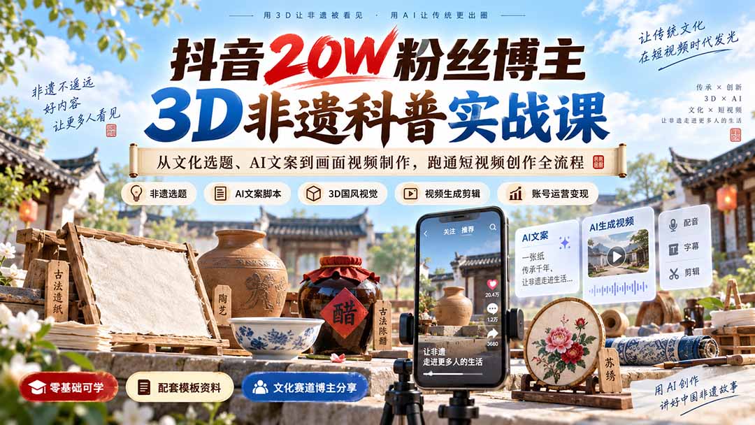 (20356期)抖音20W粉丝博主3D非遗科普实战课:从文化选题、AI文案到画面视频制作,跑通短视频创作全流程 (20356期)抖音20W粉丝博主3D非遗科普实战课:从文化选题、AI文案到画面视频制作,跑通短视频创作全流程