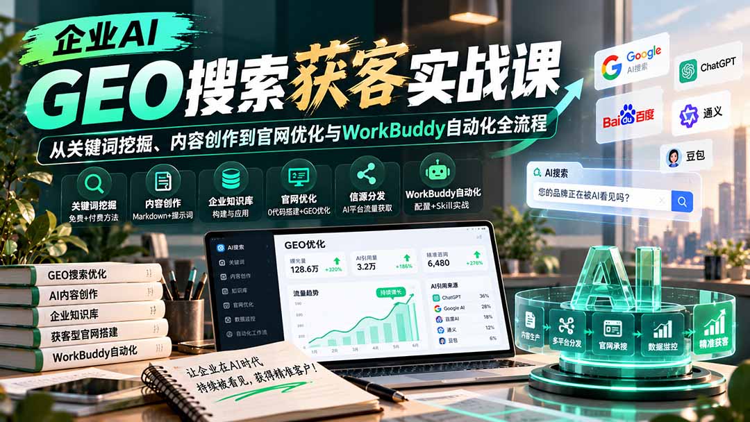 (20643期)企业AI GEO搜索获客实战课:从关键词挖掘、内容创作到官网优化与WorkBuddy自动化全流程 (20643期)企业AI GEO搜索获客实战课:从关键词挖掘、内容创作到官网优化与WorkBuddy自动化全流程