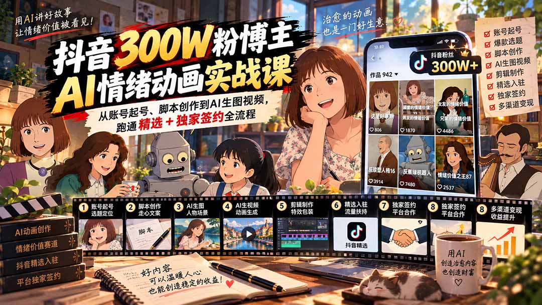 (20616期)抖音300W粉博主AI情绪动画实战课:从账号起号、脚本创作到AI生图视频,跑通精选+独家签约全流程 (20616期)抖音300W粉博主AI情绪动画实战课:从账号起号、脚本创作到AI生图视频,跑通精选+独家签约全流程