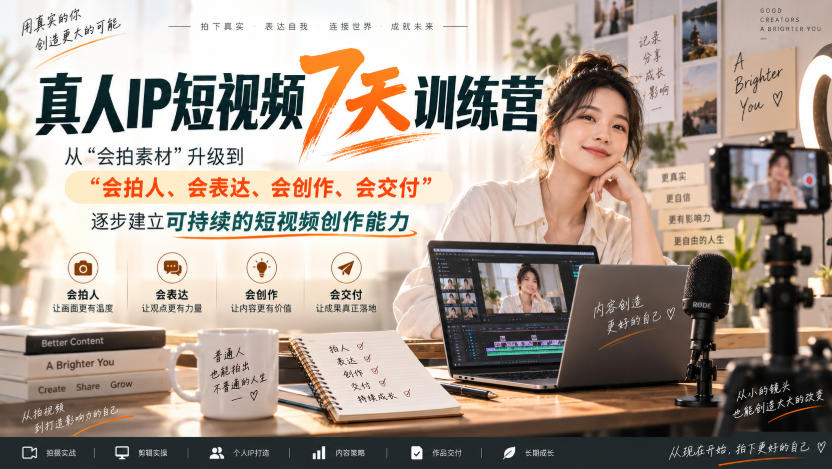 真人IP短视频7天训练营,从“会拍素材”升级到“会拍人、会表达、会创作、会交付”,逐步建立可持续的短视频创作能力 真人IP短视频7天训练营,从“会拍素材”升级到“会拍人、会表达、会创作、会交付”,逐步建立可持续的短视频创作能力