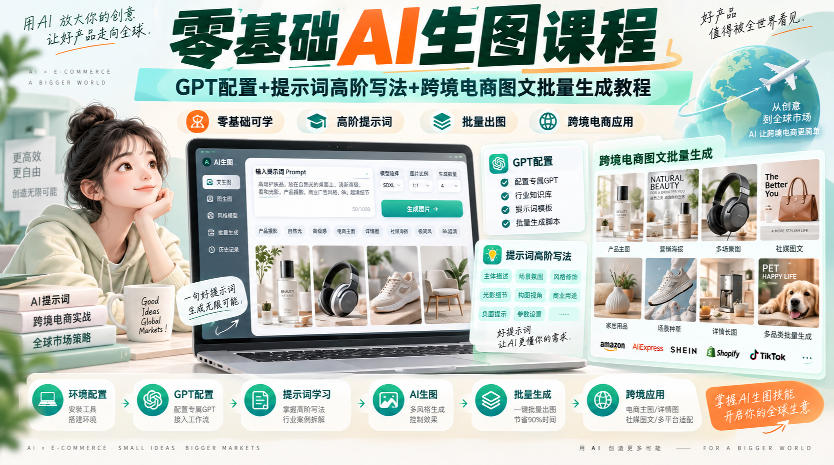 零基础AI生图课程,GPT配置+提示词高阶写法+跨境电商图文批量生成教程 零基础AI生图课程,GPT配置+提示词高阶写法+跨境电商图文批量生成教程
