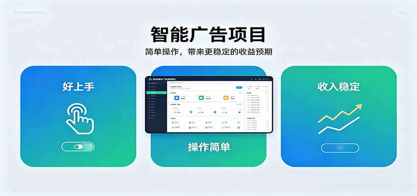 智能广告挂机项目,操作简单上手快,收益稳定可持续。稳定日入300+ 智能广告挂机项目,操作简单上手快,收益稳定可持续。稳定日入300+