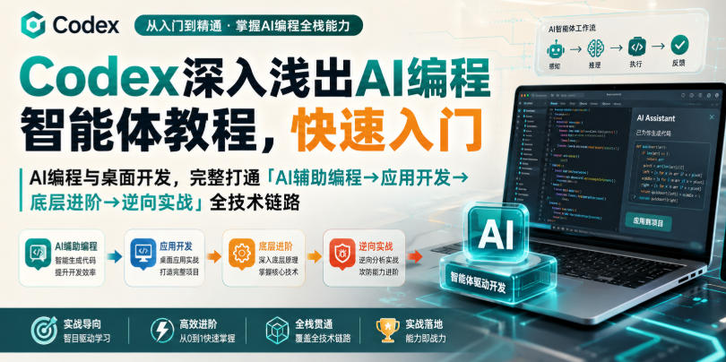 Codex深入浅出AI编程智能体教程,快速入门AI编程与桌面开发,打通「AI辅助编程→应用开发→底层进阶→逆向实战」全技术链路 Codex深入浅出AI编程智能体教程,快速入门AI编程与桌面开发,打通「AI辅助编程→应用开发→底层进阶→逆向实战」全技术链路