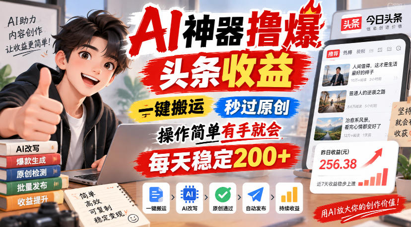 AI神器撸爆头条收益,一键搬运,秒过原创,操作简单有手就会,每天稳定200+【揭秘】 AI神器撸爆头条收益,一键搬运,秒过原创,操作简单有手就会,每天稳定200+【揭秘】