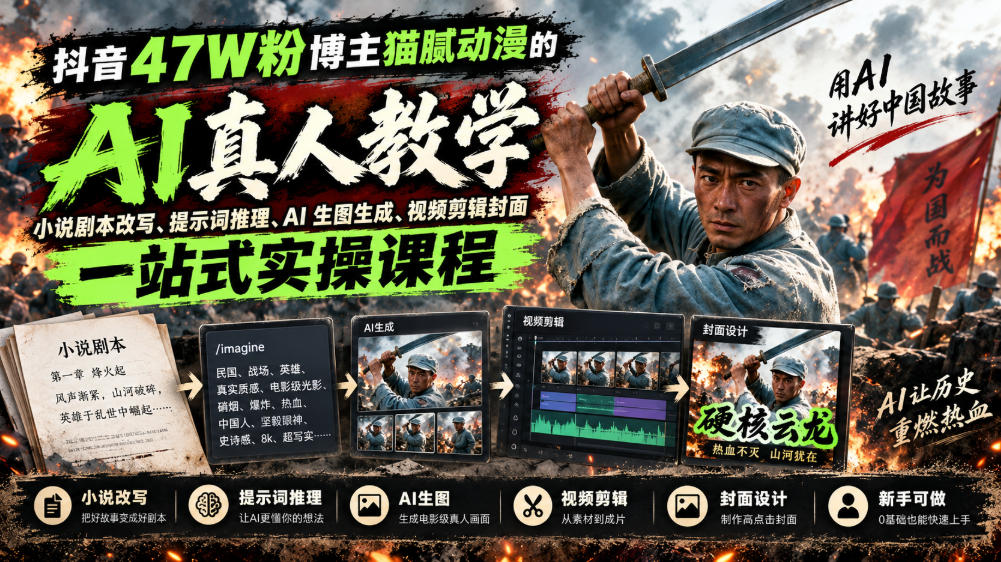 抖音47W粉博主猫腻动漫的AI真人漫剧教学,小说剧本改写、提示词推理、AI生图生成、视频剪辑封面一站式实操课程 抖音47W粉博主猫腻动漫的AI真人漫剧教学,小说剧本改写、提示词推理、AI生图生成、视频剪辑封面一站式实操课程