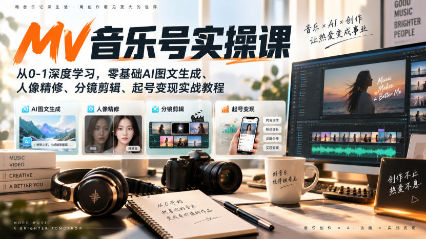 AI MV音乐号实操课,从0-1深度学习,零基础AI图文生成、人像精修、分镜剪辑、起号变现实战教程 AI MV音乐号实操课,从0-1深度学习,零基础AI图文生成、人像精修、分镜剪辑、起号变现实战教程