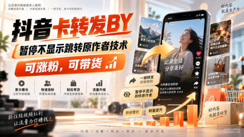 抖音卡转发搬运，暂停不显示跳转原作者技术，可涨粉，可带货