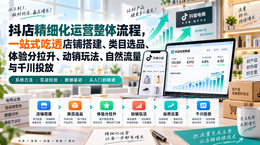 李哥电商-抖店精细化运营整体流程,一站式吃透店铺搭建、类目选品、体验分拉升、动销玩法、自然流量与千川投放 李哥电商-抖店精细化运营整体流程,一站式吃透店铺搭建、类目选品、体验分拉升、动销玩法、自然流量与千川投放