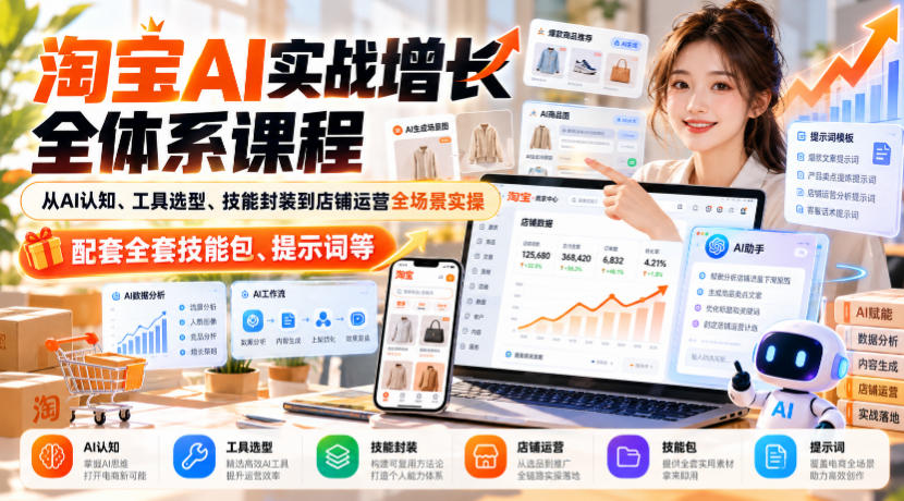 淘宝AI实战增长全体系课程,从AI认知、工具选型、技能封装到店铺运营全场景实操,配套全套技能包、提示词等 淘宝AI实战增长全体系课程,从AI认知、工具选型、技能封装到店铺运营全场景实操,配套全套技能包、提示词等