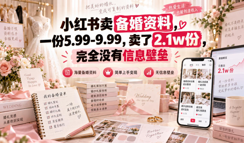 小红书卖备婚资料,一份5.99-9.99,卖了2.1w份,完全没有信息壁垒 小红书卖备婚资料,一份5.99-9.99,卖了2.1w份,完全没有信息壁垒