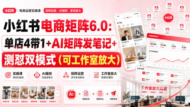 小红书电商矩阵6.0:单店4带1+AI矩阵发笔记+测怼双模式(可工作室放大) 小红书电商矩阵6.0:单店4带1+AI矩阵发笔记+测怼双模式(可工作室放大)