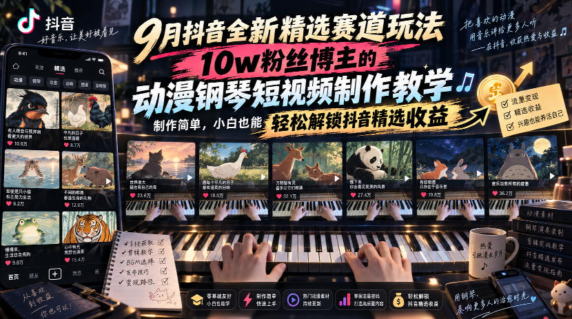 9月抖音全新精选赛道玩法，10w粉丝博主的动漫钢琴短视频制作教学，制作简单，小白也能轻松解锁抖音精选收益