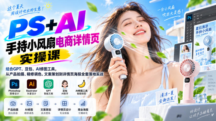 PS+AI手持小风扇电商详情页实操课|结合GPT、豆包、AI修图工具,从产品拍摄、精修调色、文案策划到详情页海报全套落地实战 PS+AI手持小风扇电商详情页实操课|结合GPT、豆包、AI修图工具,从产品拍摄、精修调色、文案策划到详情页海报全套落地实战