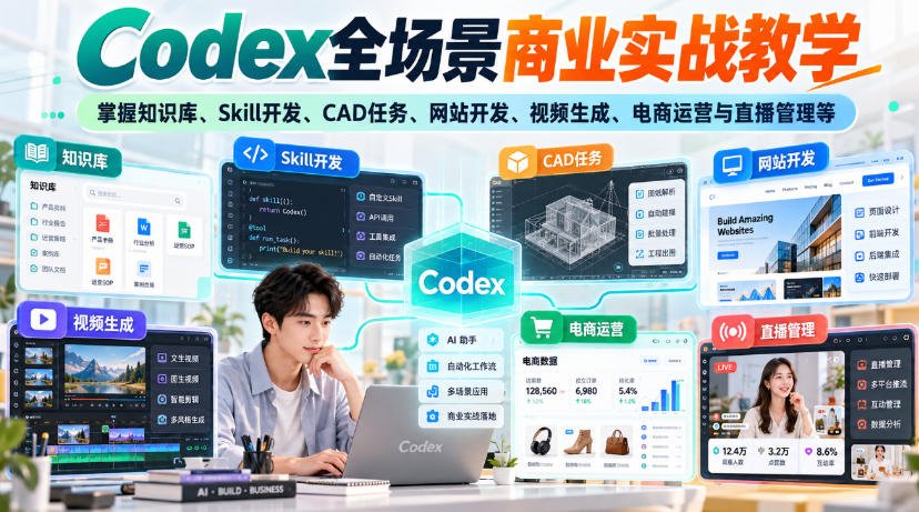 【无水印】Codex全场景商业实战教学,掌握知识库、Skill开发、CAD任务、网站开发、视频生成、电商运营与直播管理等 【无水印】Codex全场景商业实战教学,掌握知识库、Skill开发、CAD任务、网站开发、视频生成、电商运营与直播管理等