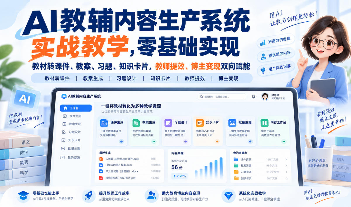 AI教辅内容生产系统实战教学,零基础实现教材转课件、教案、习题、知识卡片,教师提效、博主变现双向赋能 AI教辅内容生产系统实战教学,零基础实现教材转课件、教案、习题、知识卡片,教师提效、博主变现双向赋能