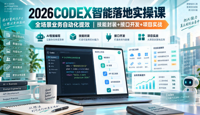 2026Codex智能落地实操课,全场景业务自动化提效,技能封装+接口开发+项目实战 2026Codex智能落地实操课,全场景业务自动化提效,技能封装+接口开发+项目实战