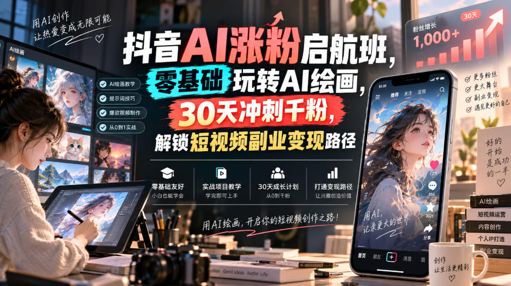 抖音AI涨粉启航班,零基础玩转AI绘画,30天冲刺千粉,解锁短视频副业变现路径 抖音AI涨粉启航班,零基础玩转AI绘画,30天冲刺千粉,解锁短视频副业变现路径