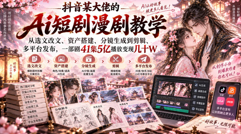 抖音某大佬的Ai短剧漫剧教学,从选文改文、资产搭建、分镜生成到剪辑、多平台发布,一部剧41集5亿播放变现几十W 抖音某大佬的Ai短剧漫剧教学,从选文改文、资产搭建、分镜生成到剪辑、多平台发布,一部剧41集5亿播放变现几十W