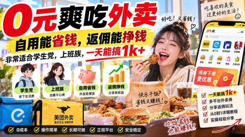0元爽吃外卖,自用能省钱,返佣能挣钱,非常适合学生党,上班族,一天能搞1k+ 0元爽吃外卖,自用能省钱,返佣能挣钱,非常适合学生党,上班族,一天能搞1k+