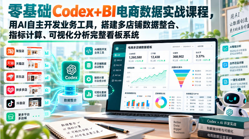 零基础Codex+BI电商数据实战课程，用AI自主开发业务工具，搭建多店铺数据整合、指标计算、可视化分析完整看板系统