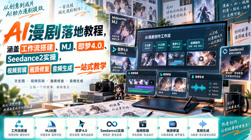 AI漫剧落地教程,涵盖工作流搭建、MJ、即梦4.0、Seedance2实操,视频剪辑画质修复音频生成一站式教学 AI漫剧落地教程,涵盖工作流搭建、MJ、即梦4.0、Seedance2实操,视频剪辑画质修复音频生成一站式教学