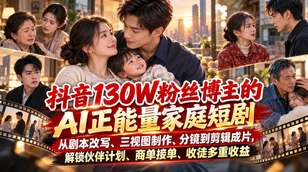 抖音130W粉丝博主的AI正能量家庭短剧,从剧本改写、三视图制作、分镜到剪辑成片,解锁伙伴计划、商单接单、收徒多重收益 抖音130W粉丝博主的AI正能量家庭短剧,从剧本改写、三视图制作、分镜到剪辑成片,解锁伙伴计划、商单接单、收徒多重收益