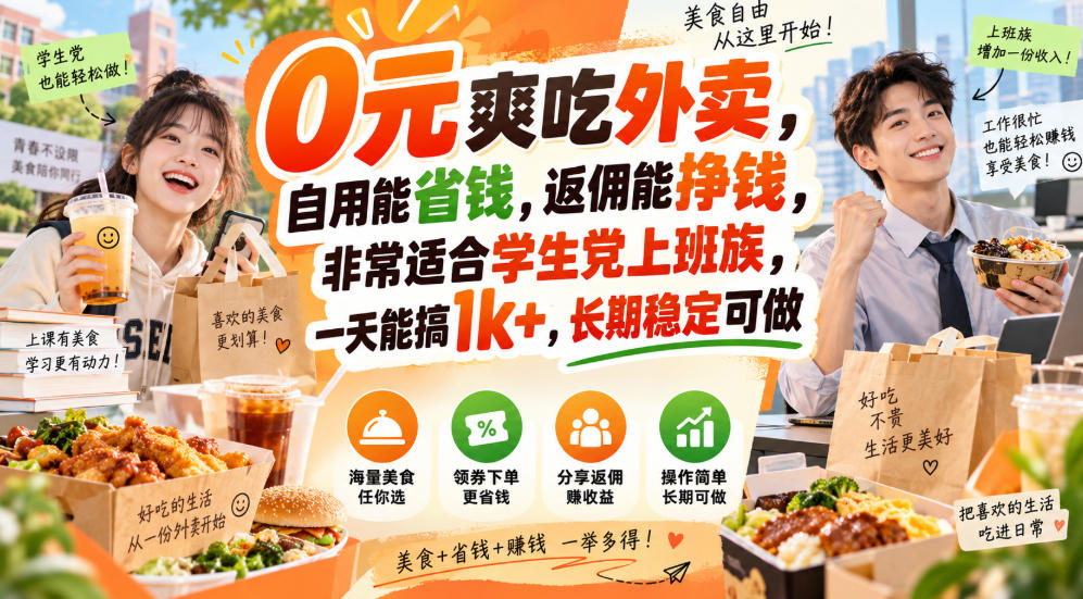 0元爽吃外卖,自用能省钱,返佣能挣钱,非常适合学生党上班族,一天能搞1k+,长期稳定可做 0元爽吃外卖,自用能省钱,返佣能挣钱,非常适合学生党上班族,一天能搞1k+,长期稳定可做