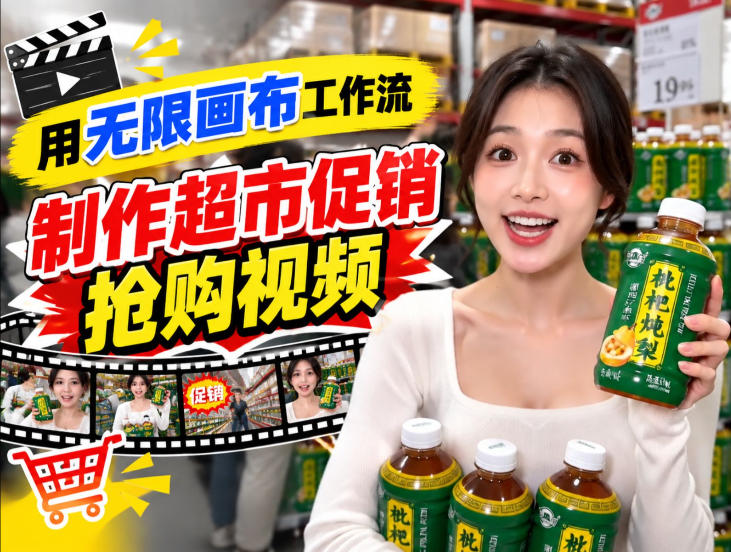 无限画布超市促销抢购视频工作流，一键产出TikTok抖音带货短视频