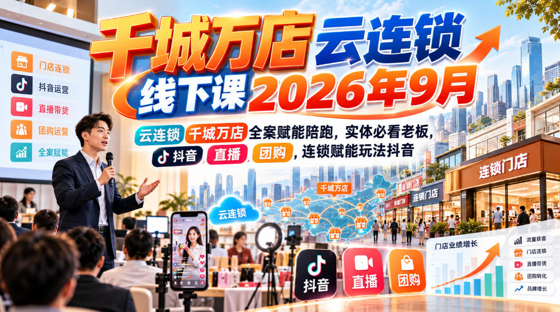 千城万店云连锁线下课2026年9月,云连锁千城万店全案赋能陪跑,实体必看老板,抖音,直播,团购,连锁赋能玩法抖音 千城万店云连锁线下课2026年9月,云连锁千城万店全案赋能陪跑,实体必看老板,抖音,直播,团购,连锁赋能玩法抖音