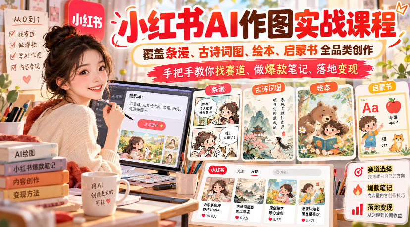 小红书AI作图实战课程,覆盖条漫、古诗词图、绘本、启蒙书全品类创作,手把手教你找赛道、做爆款笔记、落地变现 小红书AI作图实战课程,覆盖条漫、古诗词图、绘本、启蒙书全品类创作,手把手教你找赛道、做爆款笔记、落地变现